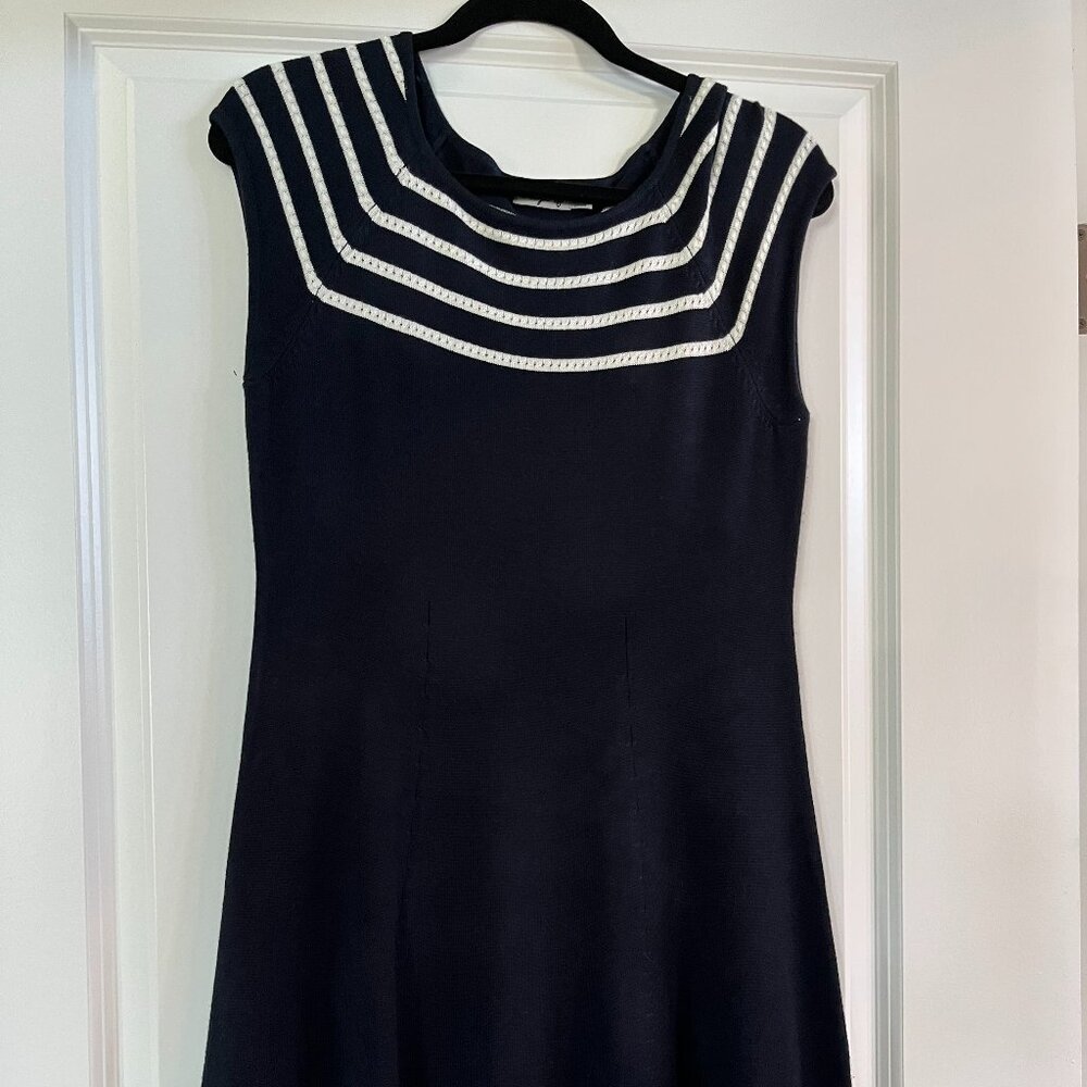 Eliza J Fit & Flare Cap Sleeve Knit Dress, Navy & White, Size Medium